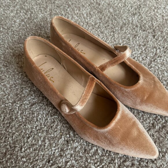 Licon Champagne Velvet Buckle Pointed-Toe Ballet Flats - Picture 1 of 4